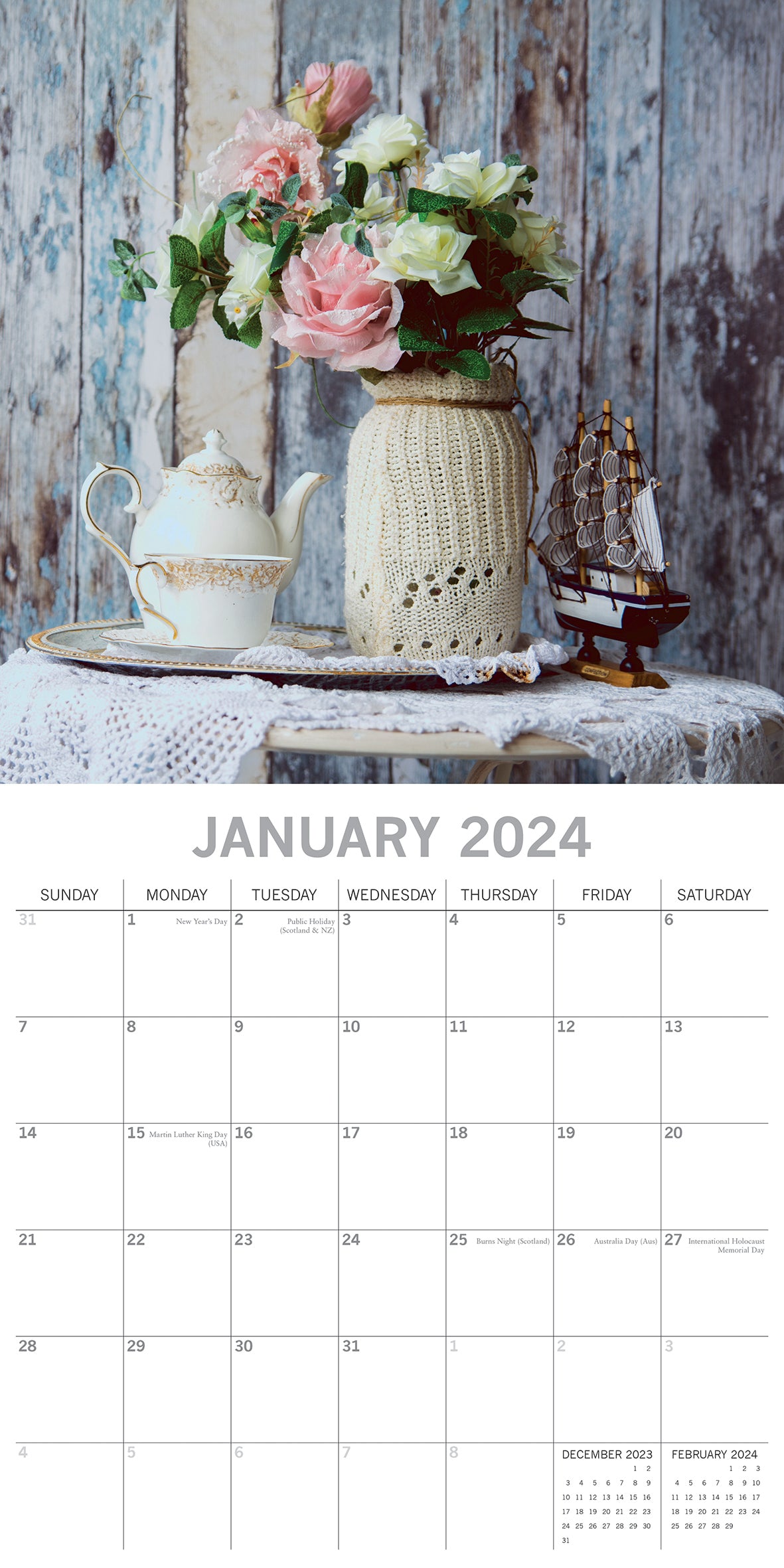 Shabby Chic - 2024 Square Wall Calendar 16 Month Lifestyle Planner New Year Gift