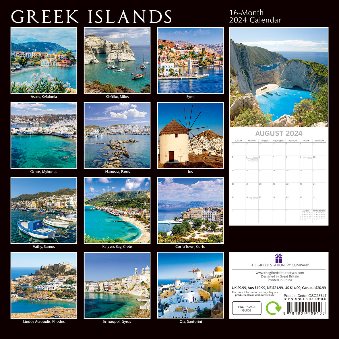 Greek Islands 2024 Square Wall Calendar 16 Month Planner Christmas New Year Gift