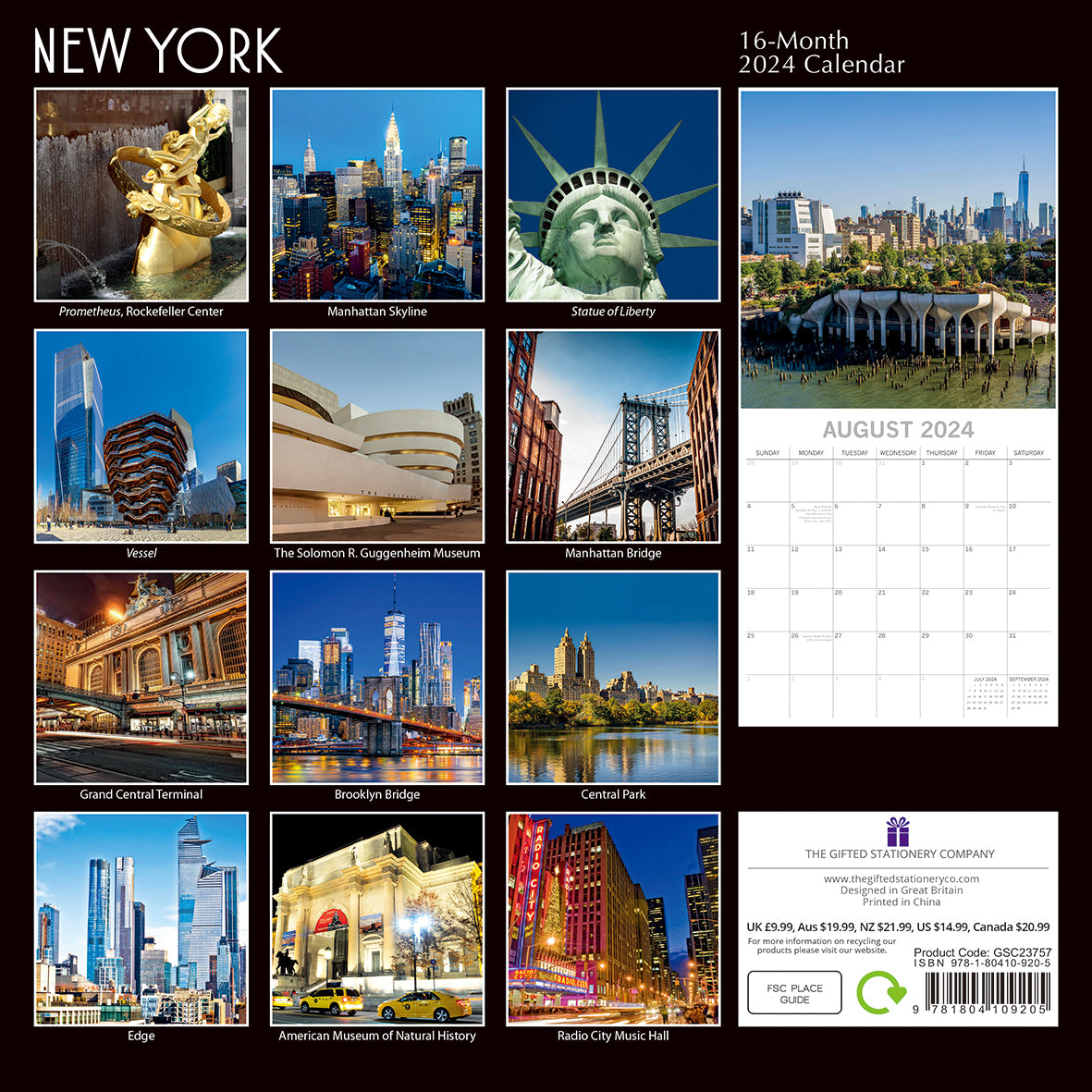 New York - 2024 Square Wall Calendar 16 Month Premium Planner Xmas New Year Gift