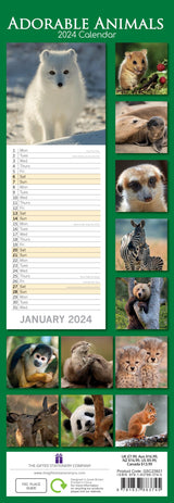 Adorable Animals 2024 Slimline Slim Wall Calendar Hanging Planner New Year Gift - Front View