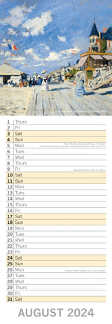 Monet - 2024 Slimline Slim Wall Calendar Hanging Planner New Year Gift - Top-Down View