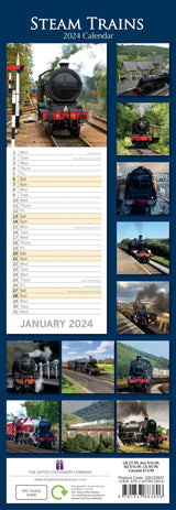 Steam Trains - 2024 Slimline Slim Wall Calendar Hanging Planner New Year Gift - Front View