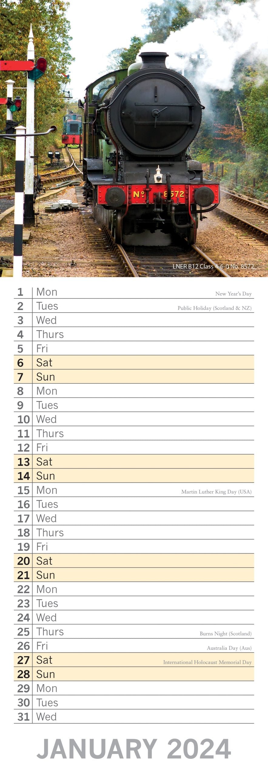 Steam Trains - 2024 Slimline Slim Wall Calendar Hanging Planner New Year Gift