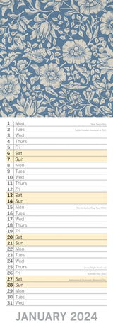 William Morris Rose - 2024 Slimline Slim Wall Calendar Hanging Planner New Year - Side View