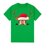 100% Cotton Christmas T-shirt Adult Unisex Tee Tops Funny Santa Party Custume, Reindeer Head (Green), M - Top-Down View