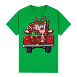 100% Cotton Christmas T-shirt Adult Unisex Tee Tops Funny Santa Party Custume, Car with Reindeer (Green), 3XL - Top-Down View
