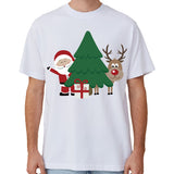 100% Cotton Christmas T-shirt Adult Unisex Tee Tops Funny Santa Party Custume, Santa with Tree (White), L