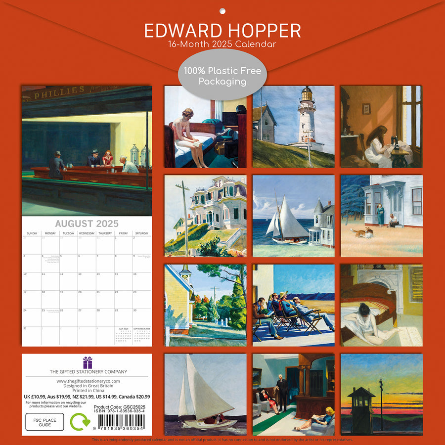 Edward Hopper - 2025 Square Wall Calendar Arts 16 Months Premium Planner Gift
