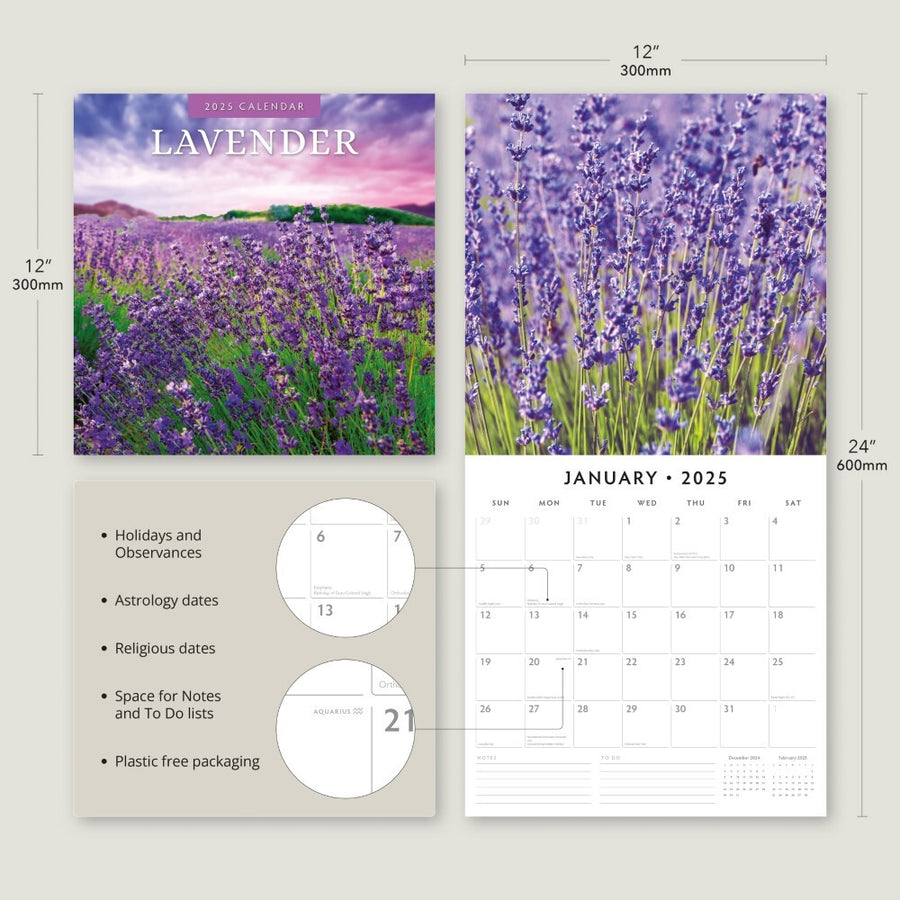 Lavender - 2025 Square Wall Calendar Floral 16 Months Premium New Year Planner