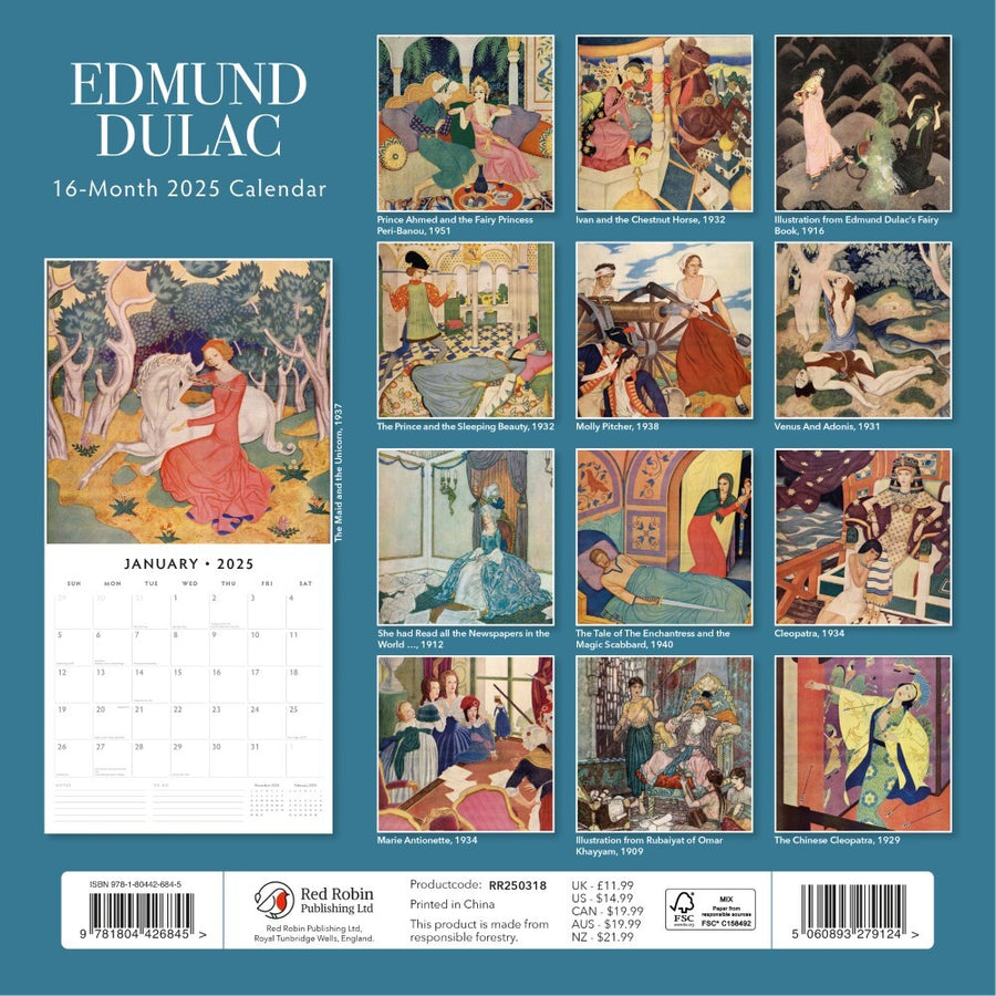 Edmund Dulac - 2025 Square Wall Calendar Fine Art 16 Months Premium Planner Gift