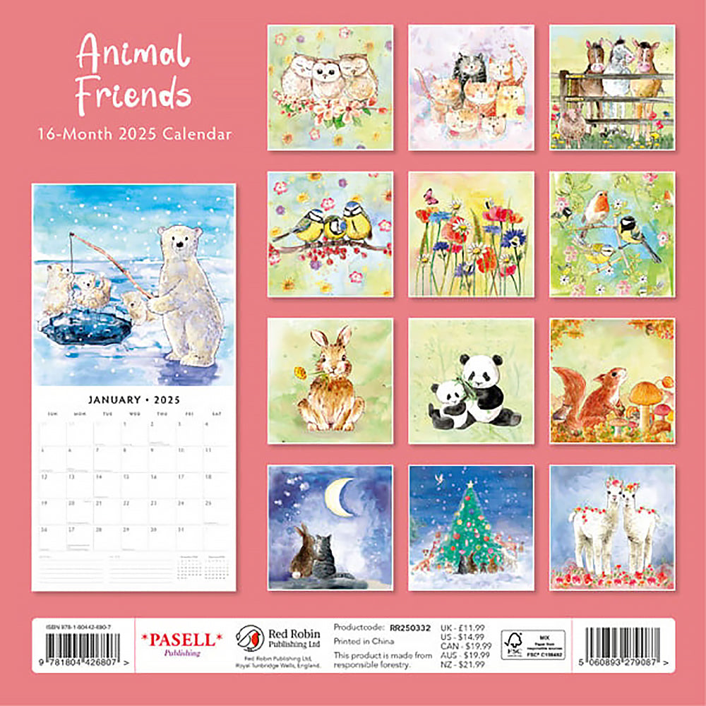 Animal Friends 2025 Square Wall Calendar Animals 16 Months Premium Planner Gift