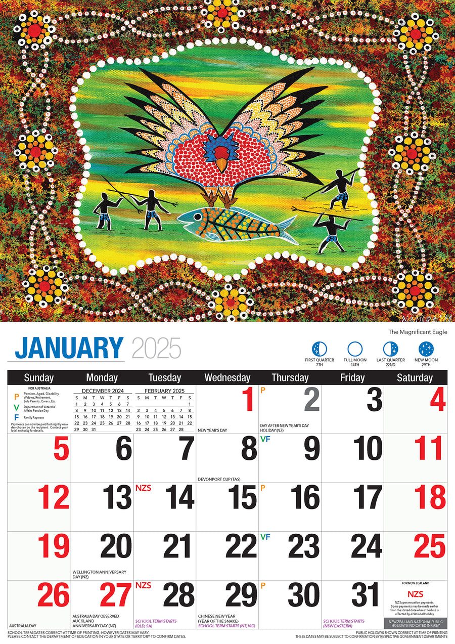 The Dreamtime - 2025 Rectangle Wall Calendar 16 Months Aboriginal Art New Year