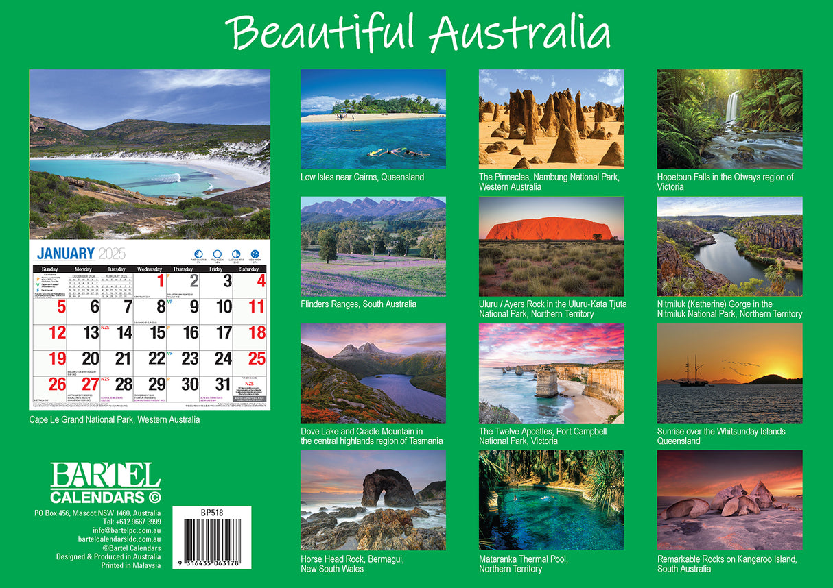 Beautiful Australia - 2025 Rectangle Wall Calendar 16 Months Scenic Landscapes