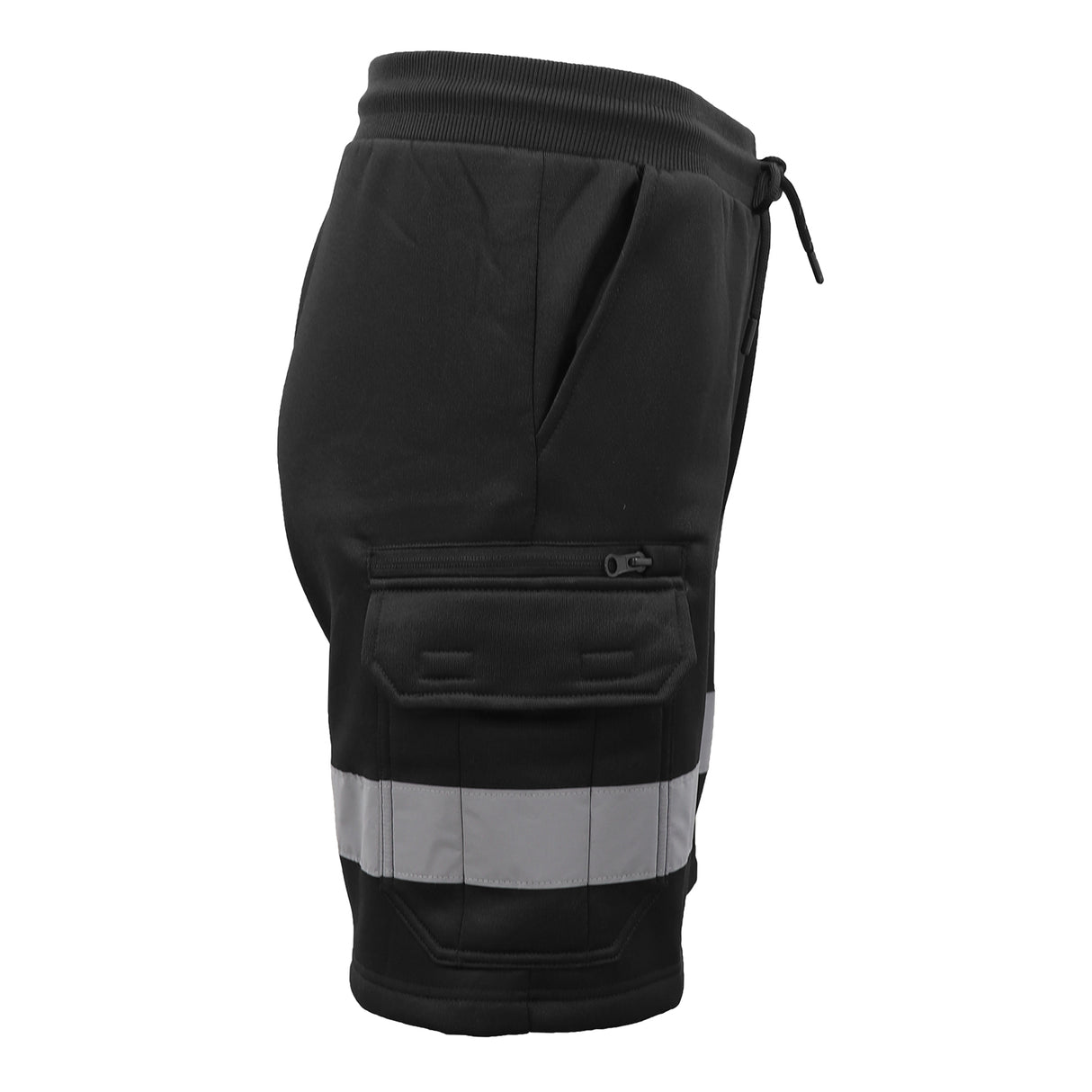 Hi Vis Fleece Work Cargo Shorts w Reflective Tape Workwear Tradie Utility Pants, Black, XL