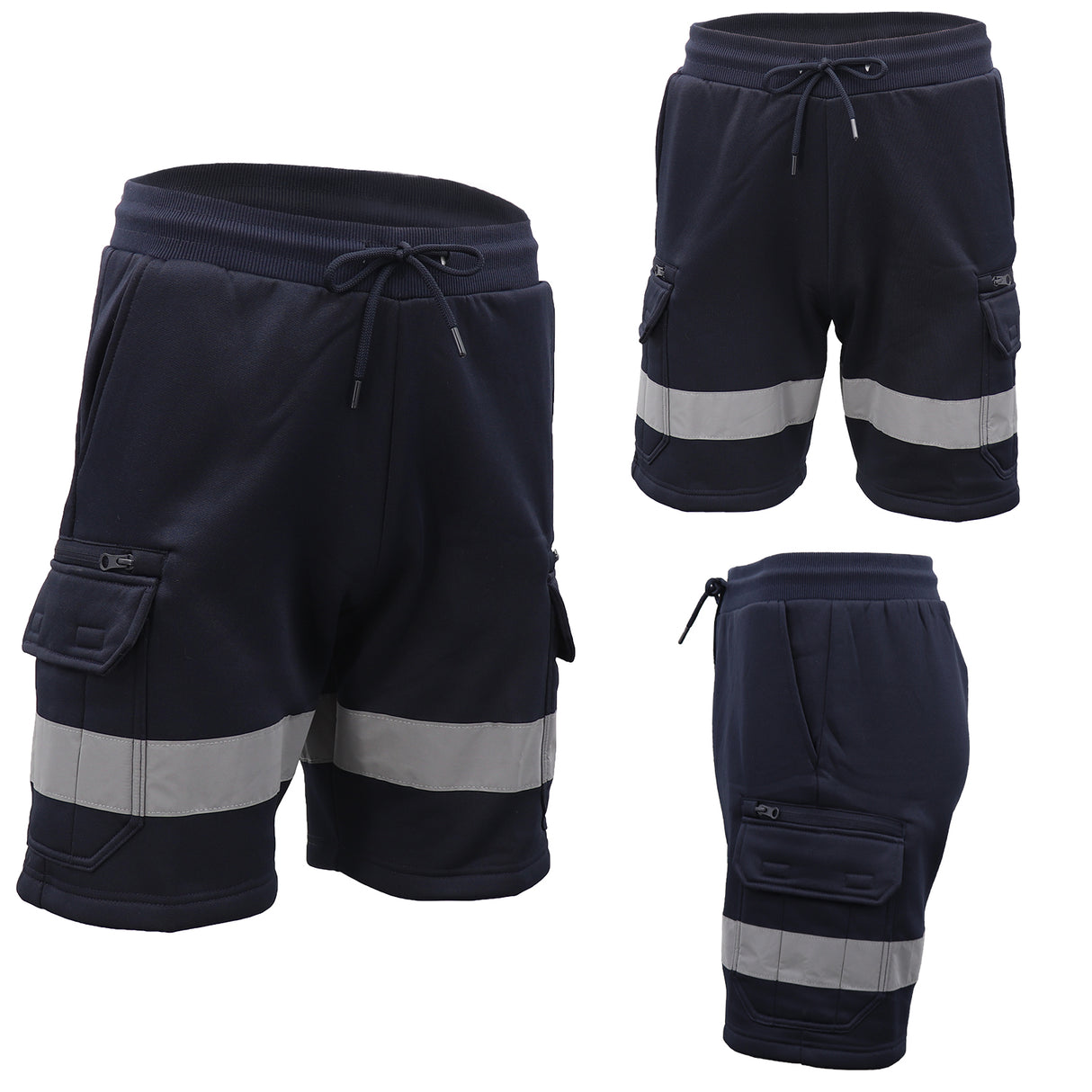 Hi Vis Fleece Work Cargo Shorts w Reflective Tape Workwear Tradie Utility Pants, Navy, M