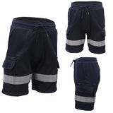 Hi Vis Fleece Work Cargo Shorts w Reflective Tape Workwear Tradie Utility Pants, Navy, M - Front View
