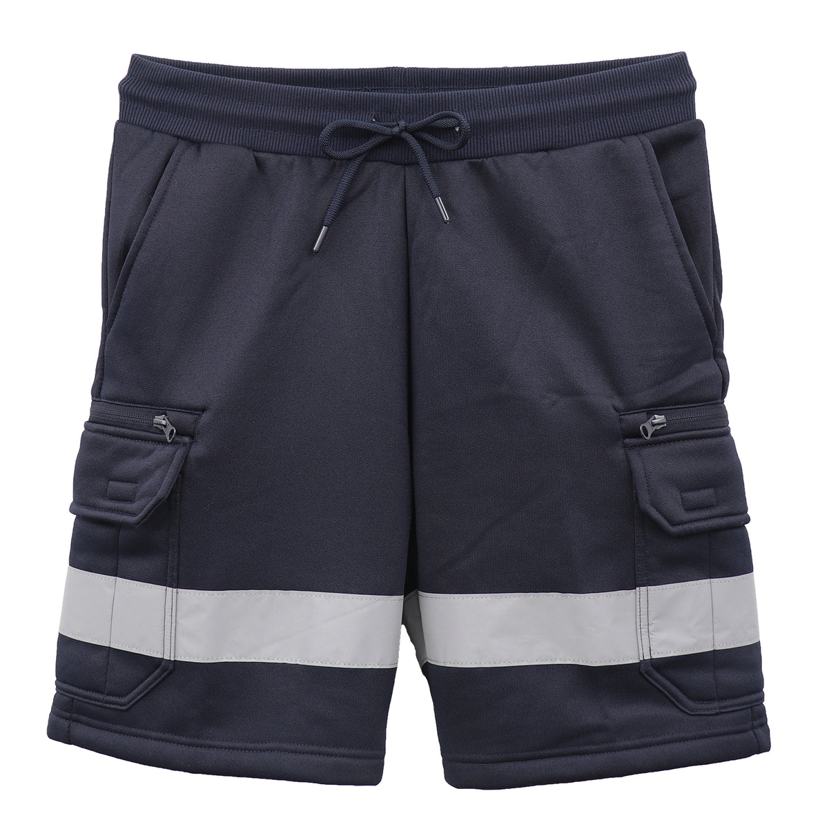 Hi Vis Fleece Work Cargo Shorts w Reflective Tape Workwear Tradie Utility Pants, Navy, M