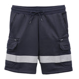 Hi Vis Fleece Work Cargo Shorts w Reflective Tape Workwear Tradie Utility Pants, Navy, M - Top-Down View