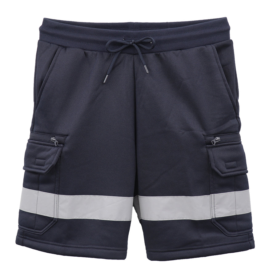 Hi Vis Fleece Work Cargo Shorts w Reflective Tape Workwear Tradie Utility Pants, Navy, L
