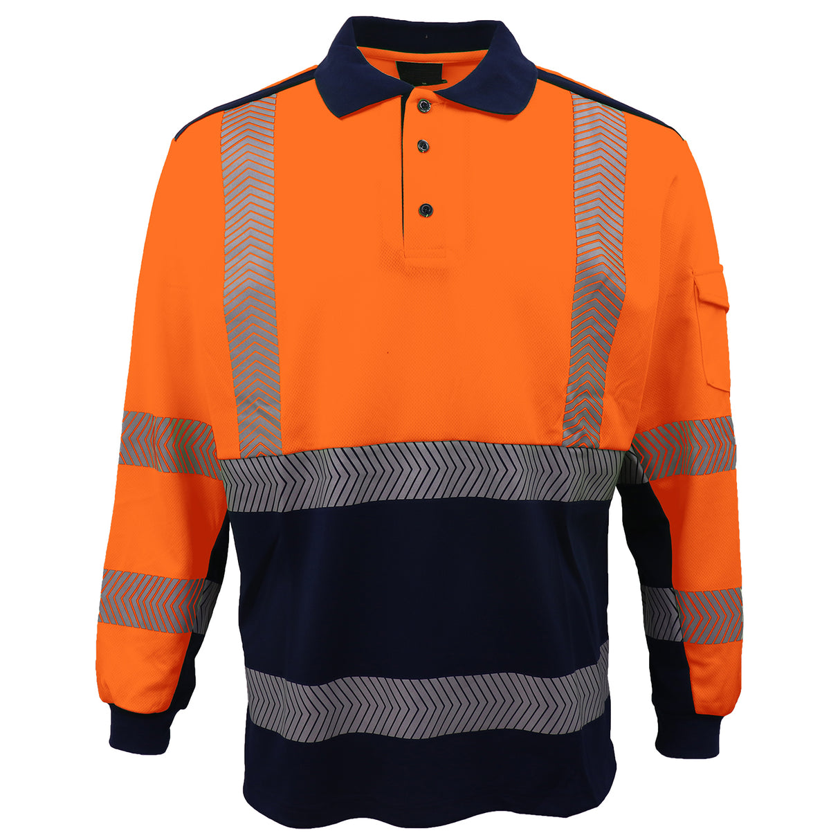 HI VIS Long Sleeve Polo Shirt Reflective Tape Safety Tradie Work Wear Tops Tee, Fluro Orange / Navy, 2XL