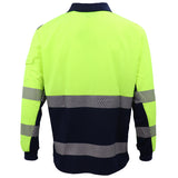 HI VIS Long Sleeve Polo Shirt Reflective Tape Safety Tradie Work Wear Tops Tee, Fluro Yellow / Navy, M - Front View
