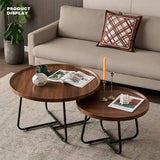 Removable Set of 2 Round Coffee Table  Walnut Nesting Side End Table Furniture - Rear View