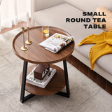 Side Round Coffee Table Retro 2-Tier Wooden Industrial Style - Front View
