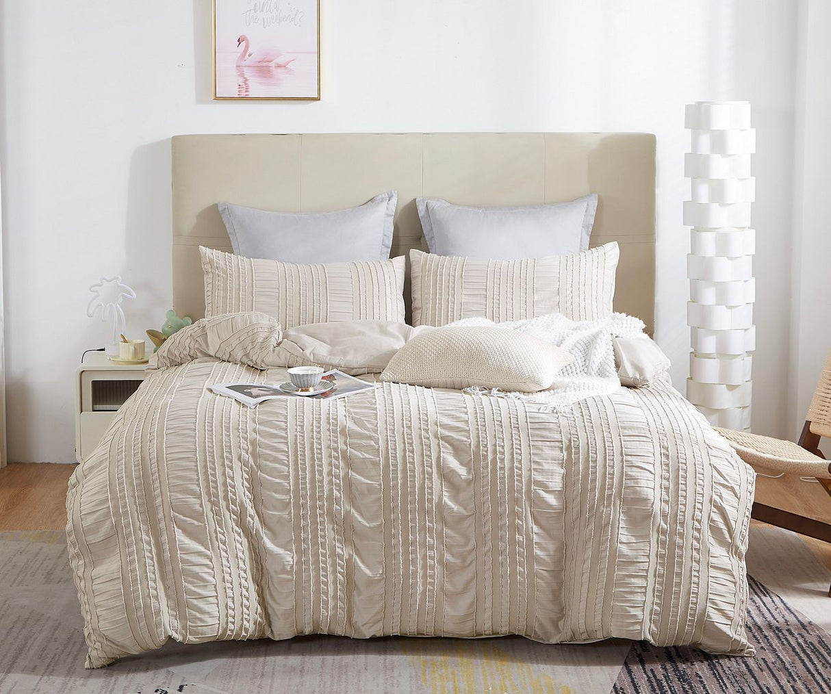 Tufted Boho Striped Embroidery Quilt/Doona/Duvet Cover Set - King Size