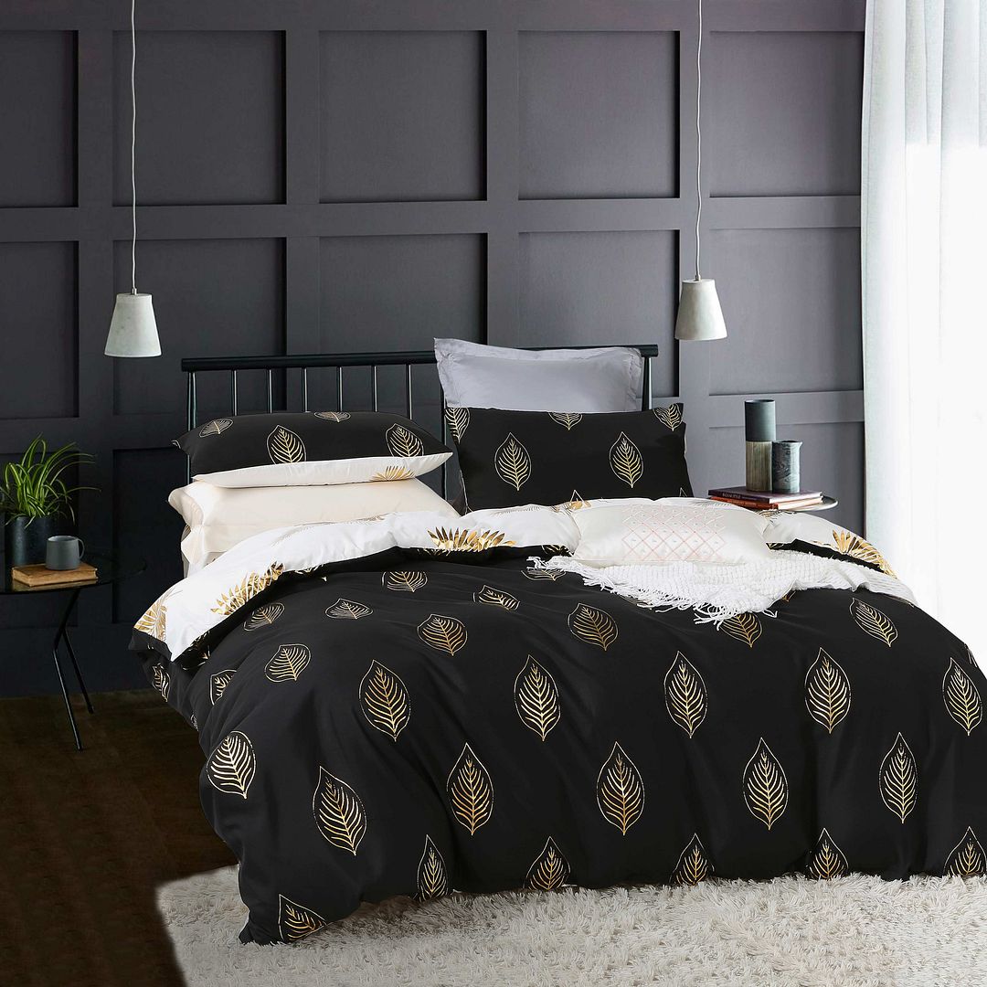 Reversible Design King Size Black Gold Duvet Quilt Cover Set