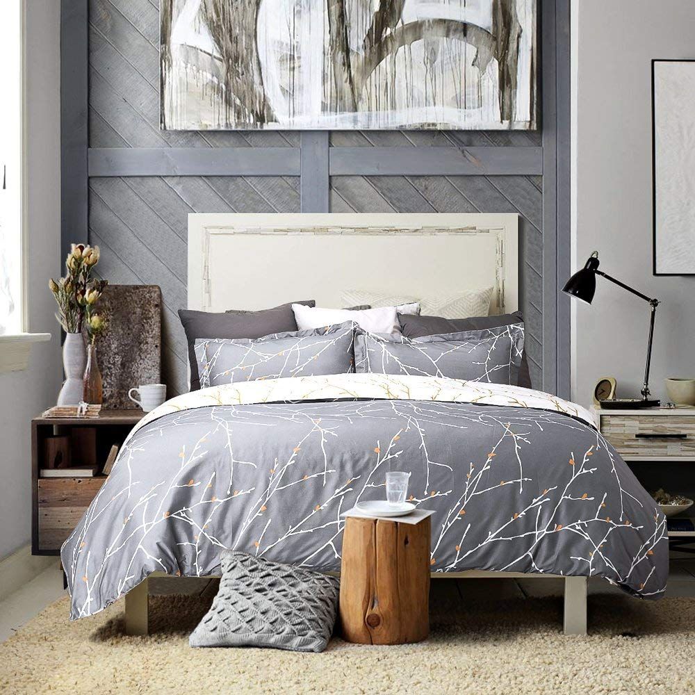 Tree Reversible Queen Size Grey Duvet Quilt Cover Set