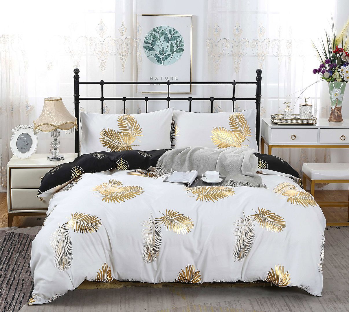 Reversible Design Queen Size Black Gold Duvet Quilt Cover Set