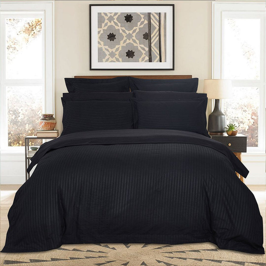 1000TC Ultra Soft Striped Queen Size Black Duvet Quilt Cover Set