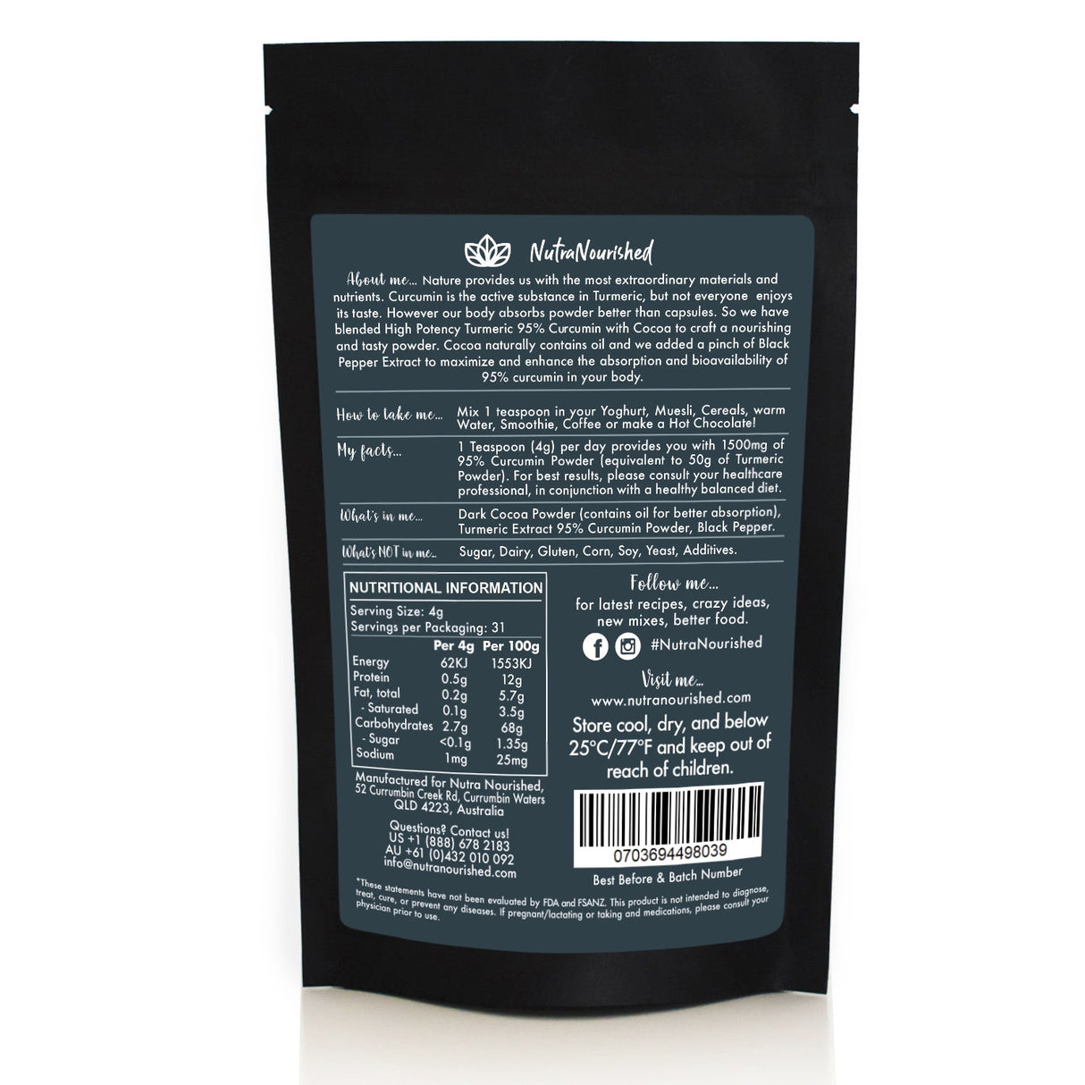95% Organic Curcumin Extract Cocoa Flavour - Turmeric Powder With Black Pepper - Organic and with Black Pepper, 125g