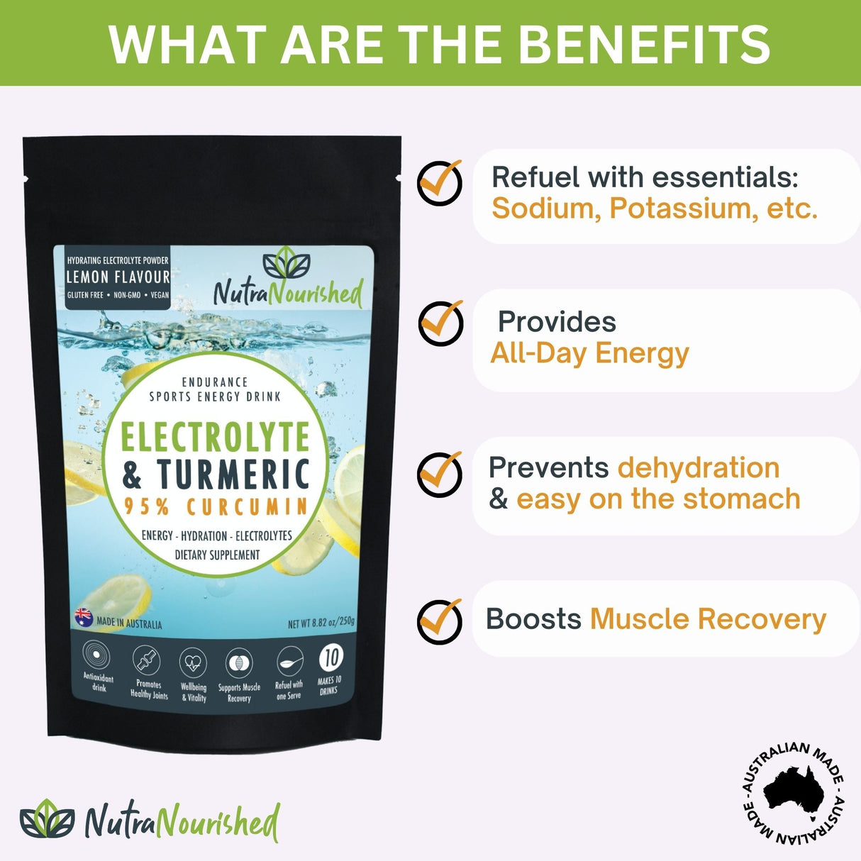 Electrolyte Powder & 95% Pure Organic Curcumin - Lemon Flavour, 250g