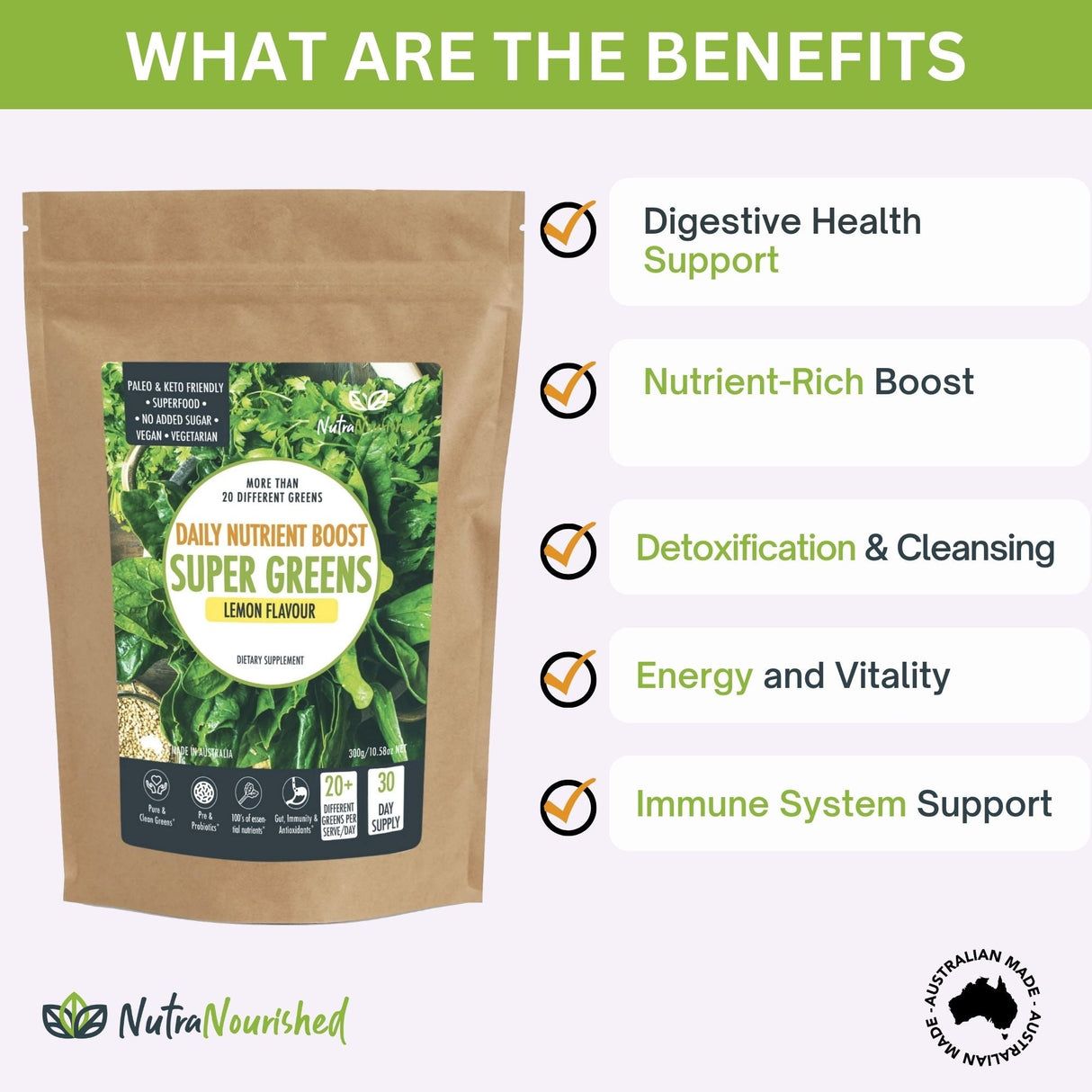 Super Greens Powder - Energising Superfood Blend - Nutrients  and Vitamins of 20 Greens - 300g