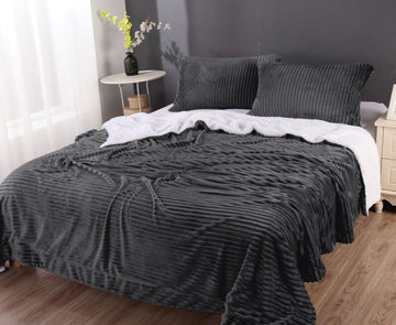 Charcoal Stripe Flannel Sherpa Queen Blanket Set