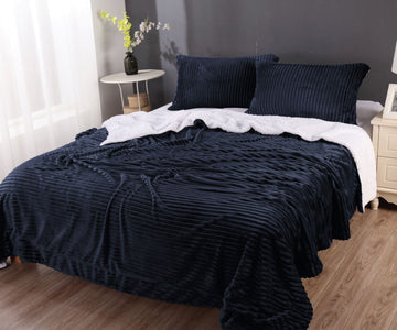 Navy Stripe Flannel Sherpa Comforter Set - Queen Size
