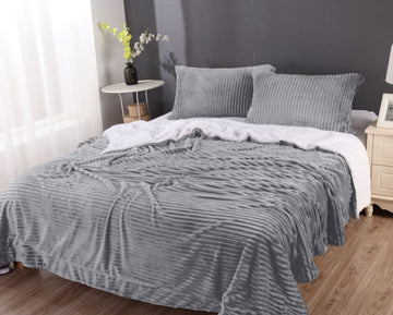 Silver Stripe Flannel Sherpa Queen Blanket Set