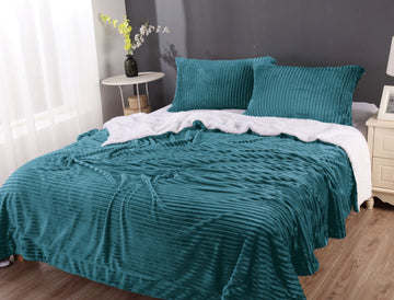 Teal Striped Flannel Sherpa Blanket Set - Queen Size