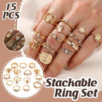 Gold Hollow Stackable Joint Ring Set 15 PCS Various Styles Versatile Womens