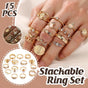 Gold Hollow Stackable Joint Ring Set 15 PCS Various Styles Versatile Womens