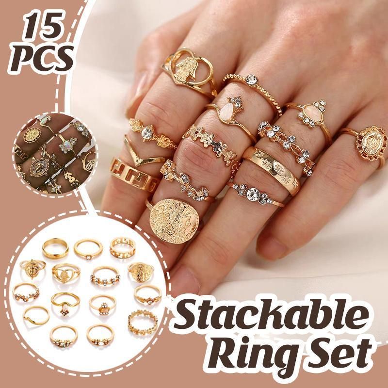 Gold Hollow Stackable Joint Ring Set 15 PCS Various Styles Versatile Womens