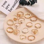 Gold Hollow Stackable Joint Ring Set 15 PCS Various Styles Versatile Womens
