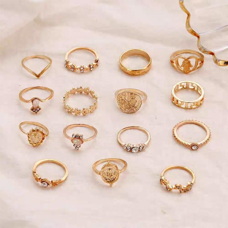 Gold Hollow Stackable Joint Ring Set 15 PCS Various Styles Versatile Womens