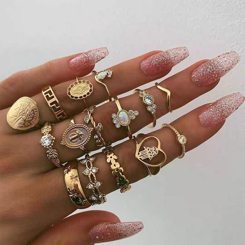 Gold Hollow Stackable Joint Ring Set 15 PCS Various Styles Versatile Womens