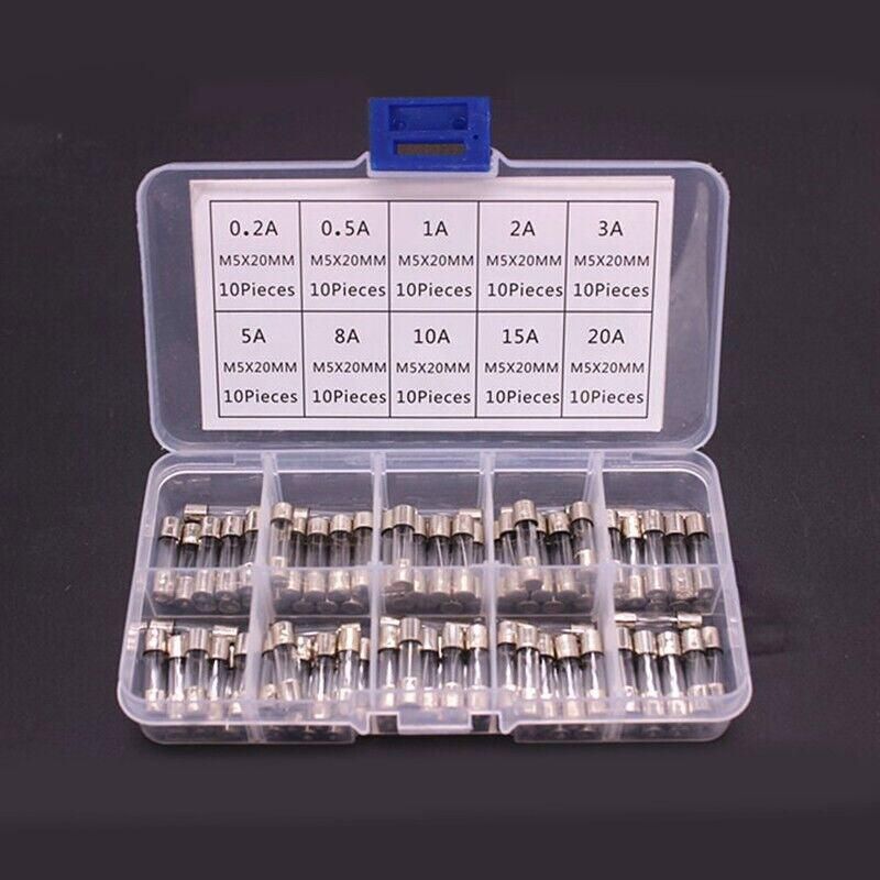 100Pcs Fast-Blow Glass Tube Fuses 5 x 20mm Quick Blow Assortment Kit