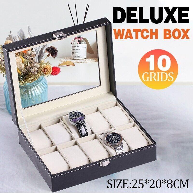 Leather Watch Jewelry Display Storage Holder Case 10 Grids Box Organizer