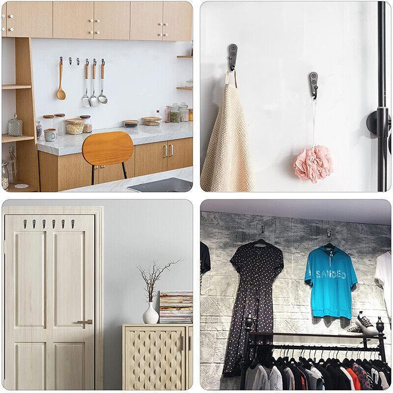 10Pcs Wall Hooks Heavy Duty Coat Hat Robe Hanger Double Hole Zinc Alloy Vintage - Black