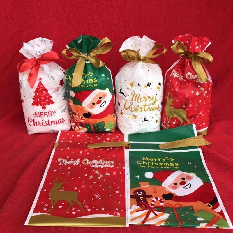 10pcs Christmas Candy Bags Gift Treat Drawstring Pouches Biscuit Cookie Packaging - 10Pcs Bag-Merry Christmas