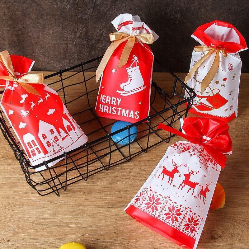 10pcs Christmas Candy Bags Gift Treat Drawstring Pouches Biscuit Cookie Packaging - 10Pcs Bag-Merry Christmas